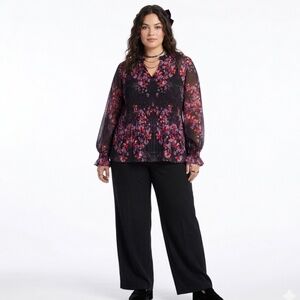 Simply Vera Wang Dark Floral Pleated Blouse 2X Whimsical Romantic Victorian